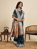 Teal Blue Soft Silk Sarees Premium Two Tone Satin Fabric With Unique Pathani Designs Saree With Blouse Piece