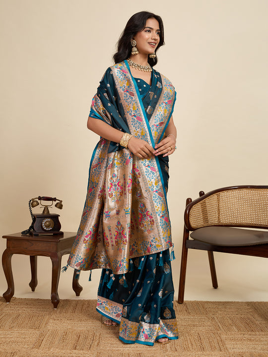 Teal Blue Soft Silk Sarees Premium Two Tone Satin Fabric With Unique Pathani Designs Saree With Blouse Piece