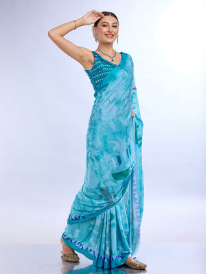 Blue Satin Saree With Blouse Piece