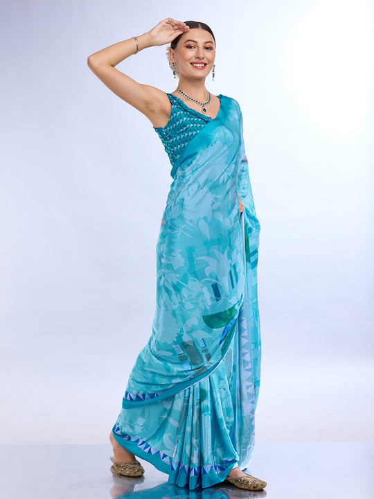 Blue Satin Saree With Blouse Piece