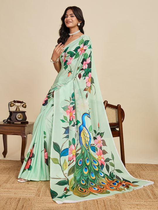 Mint Green Chinon Saree All Over Single Colour Printed Saree With Blouse Piece