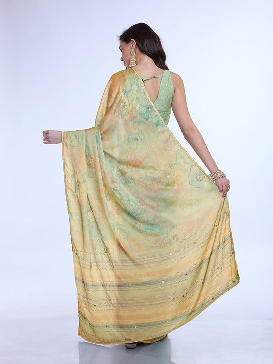 Sea Green Poly Chiffon Festive Wear Saree With Blouse Piecde