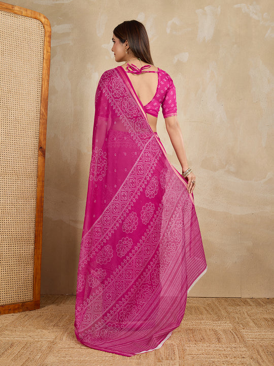 Pure Chiffon Bandhani Printed Saree With Viscose Woven Border And Blouse Piece