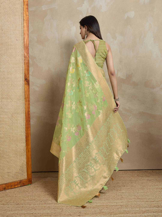 Mintgreen Organza Banarasi Woven Rich Pallu With Blouse Piece