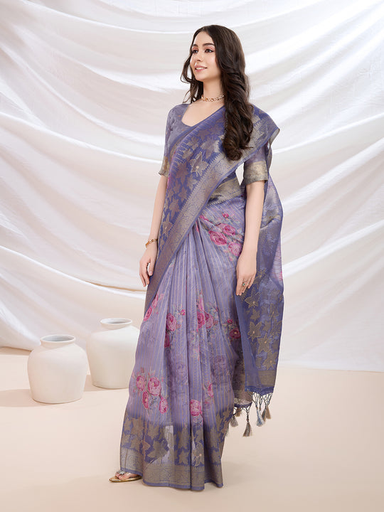 Purple Cotton Blend Festive Wear Saree With Blouse Piece