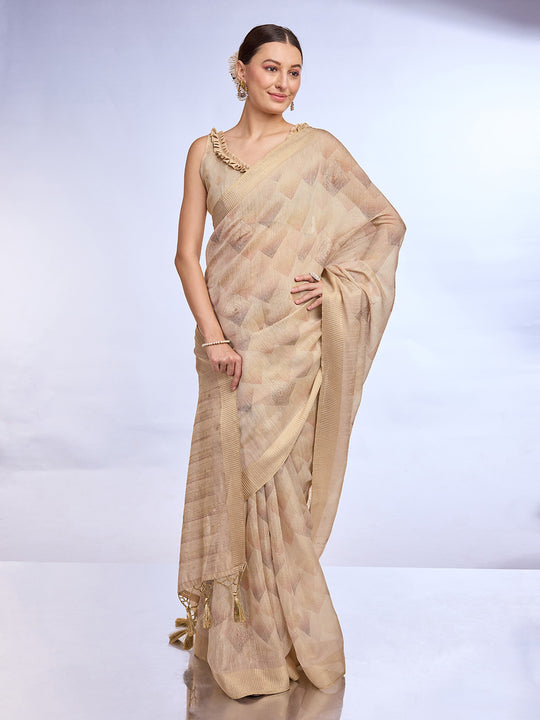 Cream Tissue Linen Blend Saree With Blouse Piece
