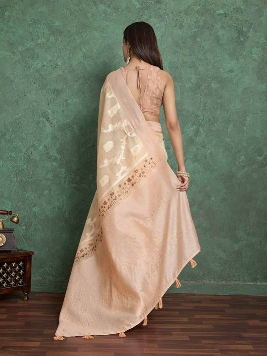Beige Pure Cotton Lucknowi Woven Printed Saree With Tassels Saree With Blouse Piece