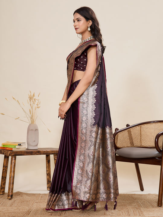 Maroon Pure Satin Silk Gala Border Concept Weaved With Jari And Minakari Rich Pallu Saree With Blouse Piece