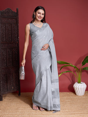 Grey Linen Blend Saree With Blouse Piece