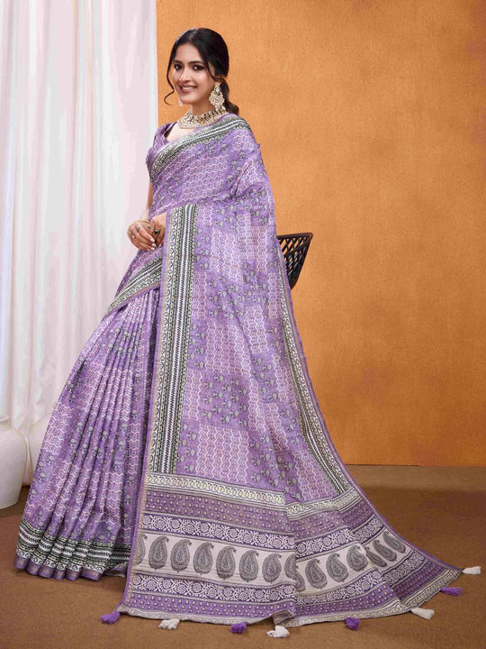 Purple Pure Tussar Silk Ajrakh Block Printed With Blouse Piece