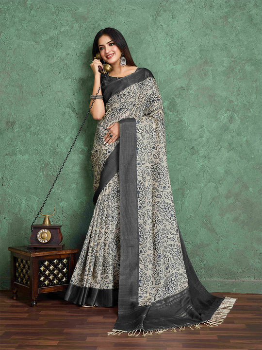 Milkywhite Pure Handloom Tussar Woven Pallu Ajrakh Printed With Blouse Piece