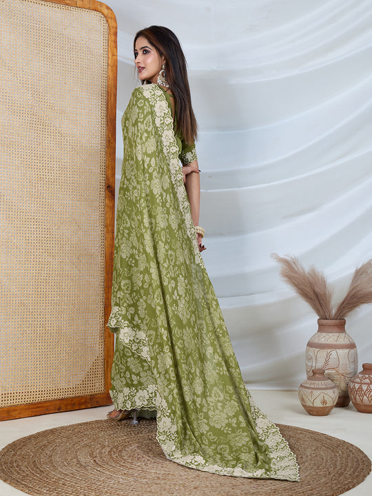 Poly Georgette Geometric Print Saree With Embroidery And Scaloping Work With Unstitched Blouse Piece