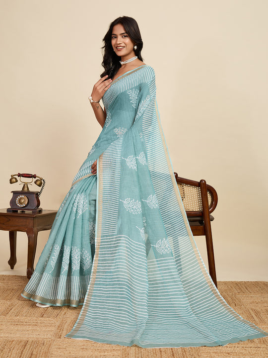 Sage Green Linen Saree With Jari Border All Over Single Colour Printed Saree With Blouse Piece