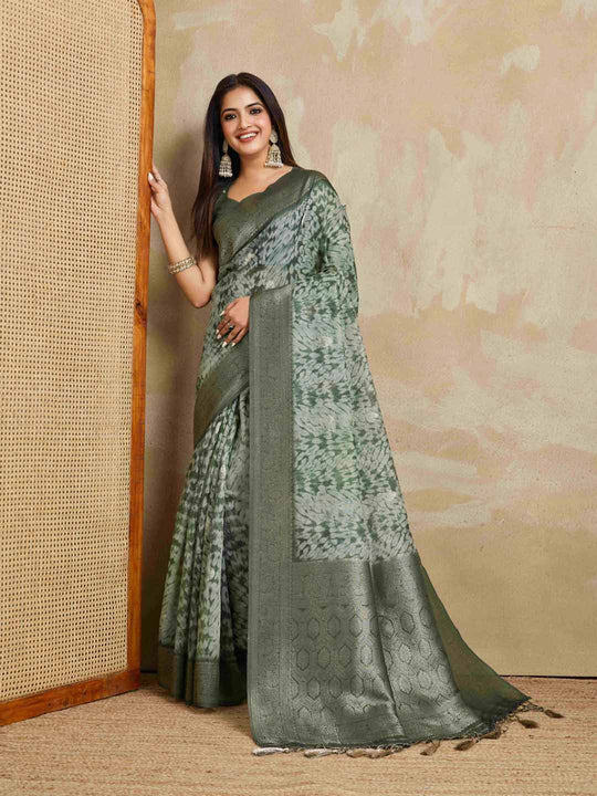 Green Pure Cotton Tie And Dye Printed Banarasi Rich Pallu Saree With Zari Tassels Saree With Blouse Piece