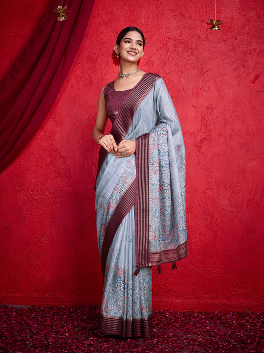 Grey Poly Silk Festival Saree With Blouse Piece