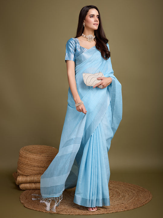 Blue Linen Blend Daily Wear Saree With Blouse Piece