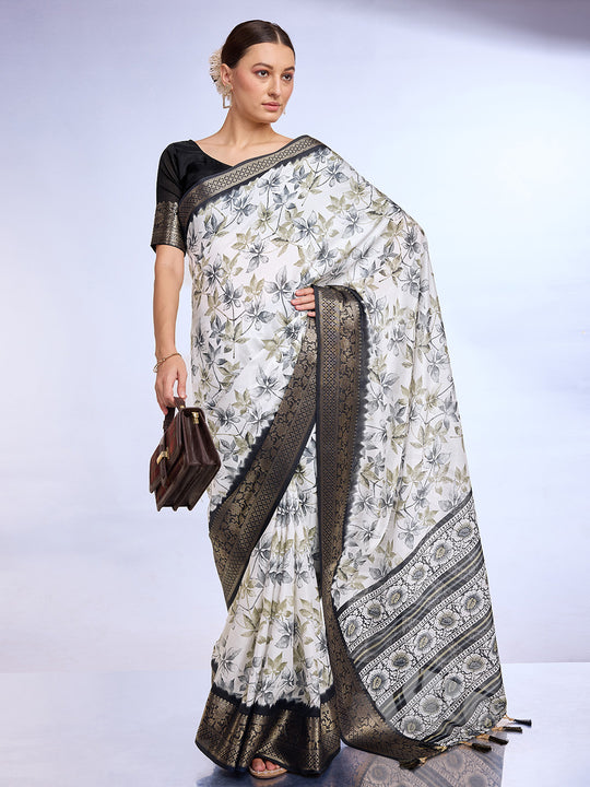 White & Black Dola Silk Saree With Blouse Piece