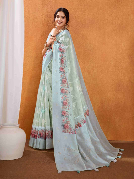 Seagreen Pure Cotton Lucknowi Woven Banarasi Saree With Ombre Floral Prints