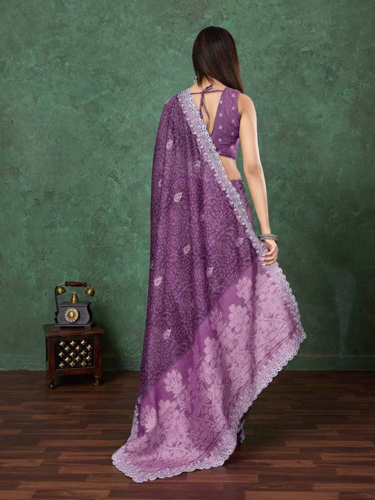 Wine Cotton Banarasi Printed Saree With Thread Embroidery Scalloping  Saree With Blouse Piece