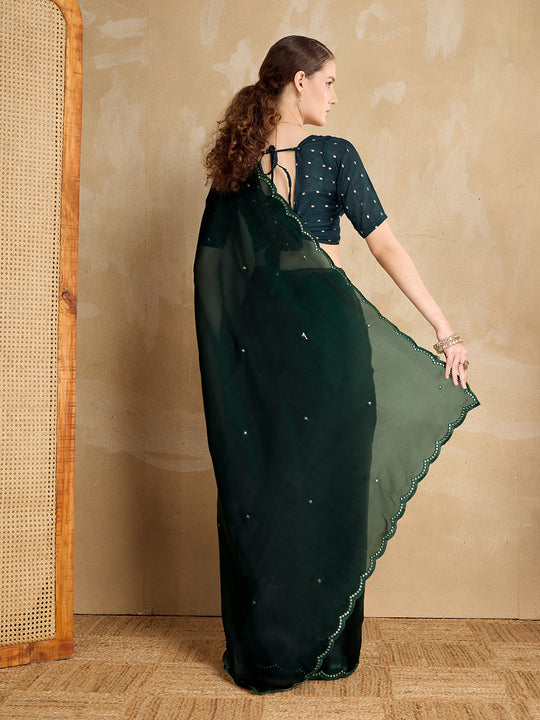 Embellished Mirror Work Organza Saree With Blouse Piece