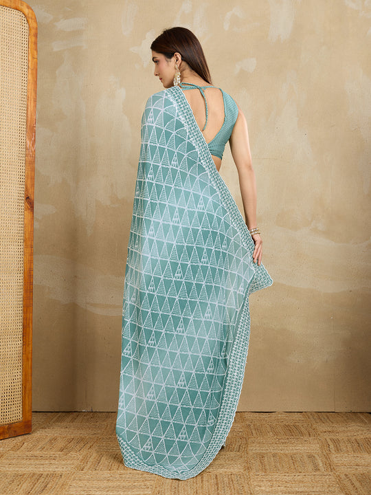 Poly Georgette Geometric Printed Saree With Embroidered Border And Blouse Piece