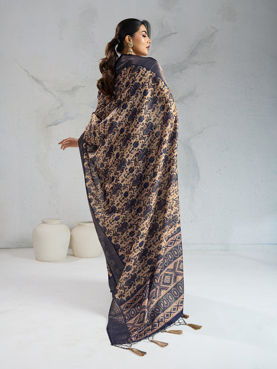 Poly Silk Woven Floral Digital Printed Saree With Woven Jacquard Border And Fancy Tassels
