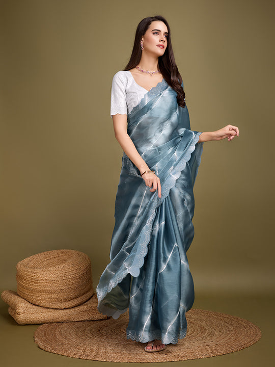 Grey Organza Party Wear Saree With Blouse Piece