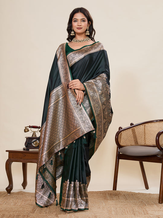 Green Pure Satin Silk Gala Border Concept Weaved With Jari And Minakari Rich Pallu Saree With Blouse Piece