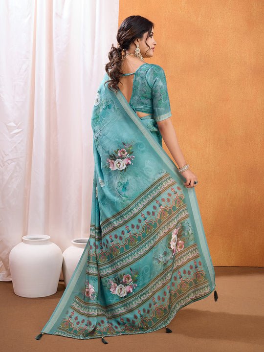 Turquise Poly Crepe Party Wear Saree With Blouse Piece