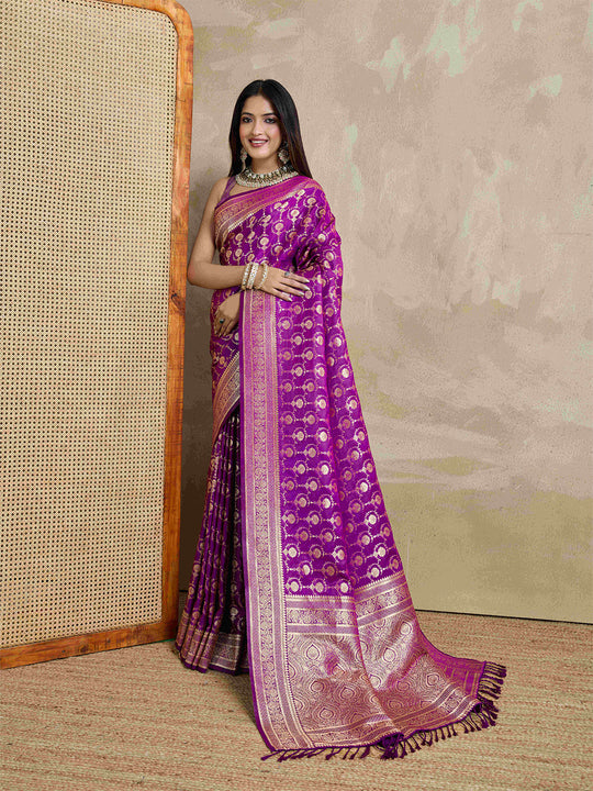 Purple Pure Satin Banarasi Saree With Tassels Saree With Blouse Piece
