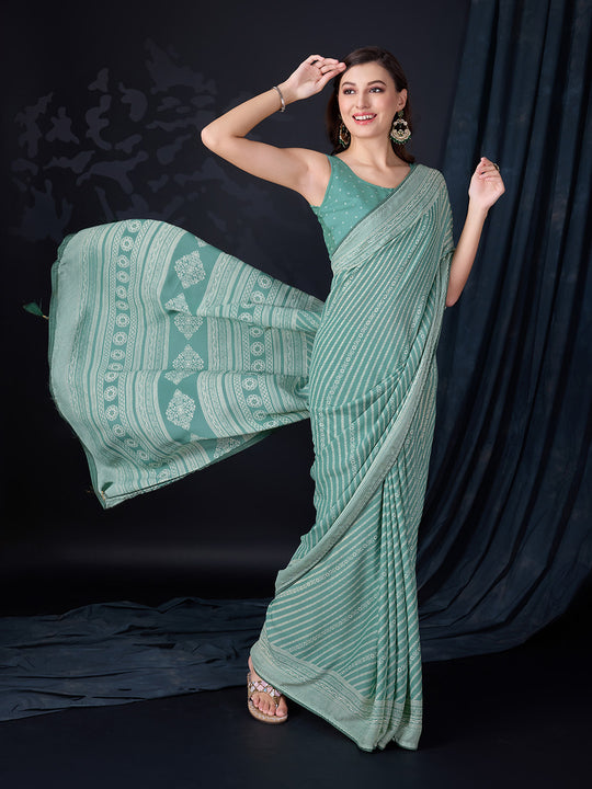 Green Poly Georgette Saree With Blouse Piece