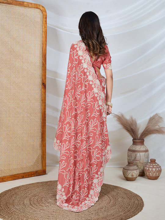 Poly Georgette Geometric Print Saree With Embroidery And Scaloping Work With Unstitched Blouse Piece