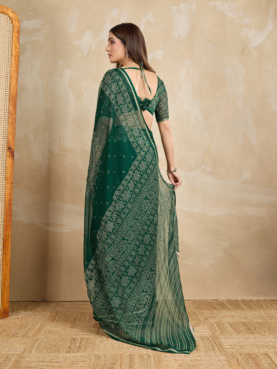 Pure Chiffon Bandhani Printed Saree With Viscose Woven Border And Blouse Piece
