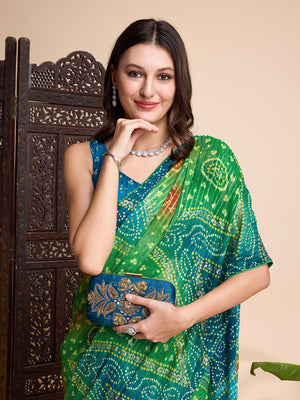 Green Weightless Poly Chiffon Saree With Blouse Piece