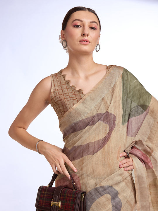 Beige  Linen Blend Saree With Blouse Piece