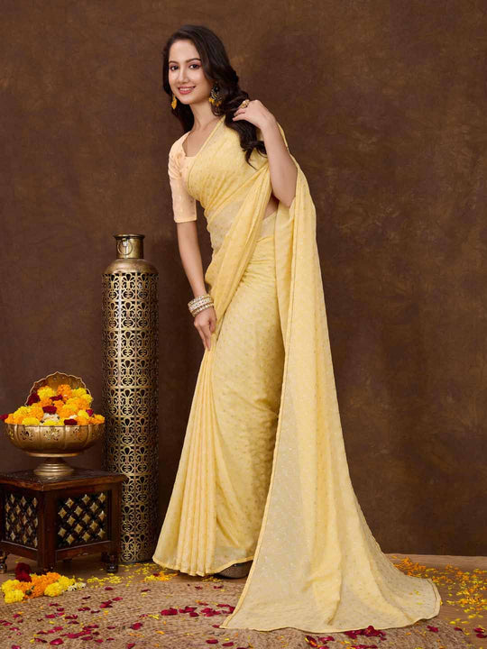 Yellow Crepe Georgette Gold Foil Embellished Printed Saree With Blouse Piece