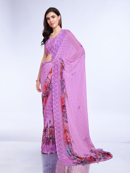 Lavender Poly Chiffon Festival Saree With Blouse Piece
