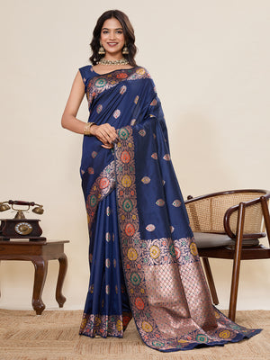 Blue Pure Jacquard Fabrics With Sona Chandi Pure Zari Work Saree With Blouse Piece
