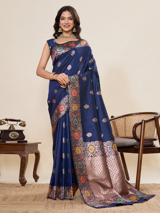 Blue Pure Jacquard Fabrics With Sona Chandi Pure Zari Work Saree With Blouse Piece