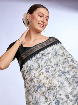 White & Black Dola Silk Saree With Blouse Piece
