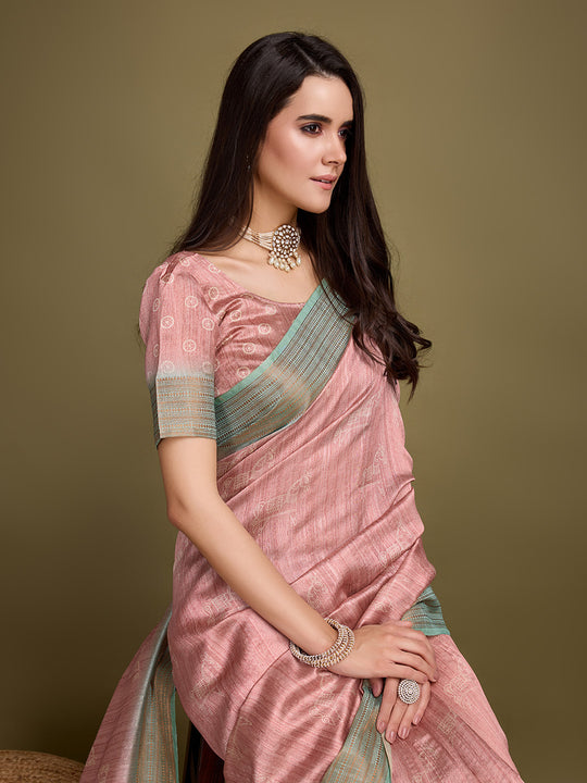 Pink Silk Blend Saree With Blouse Piece