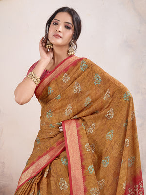 Mustard Yellow Poly Crepe Festive Wear Saree With Blouse Piece