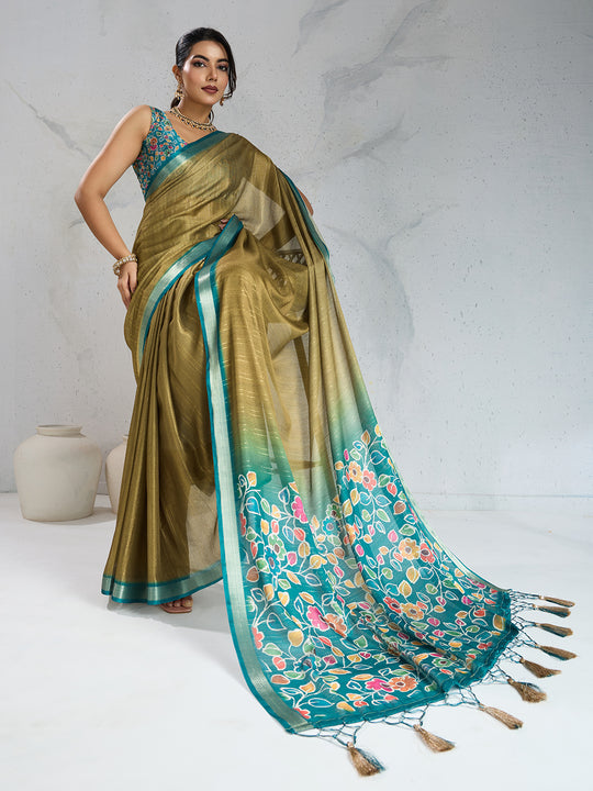 Pure Chiffon Digital Printed Woven Saree With Woven Border And Fancy Tassels