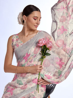 Cream Linen Blend Saree With Blouse Piece