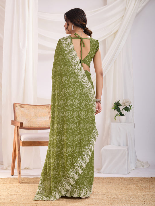 Olive Poly Georgette Festive Wear Saree With Blouse Piece