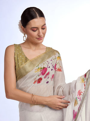 White Linen Blend Saree With Blouse Piece