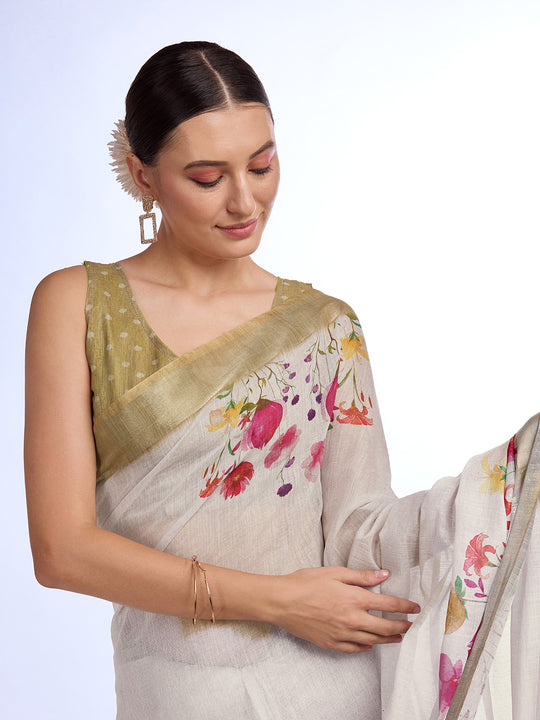 White Linen Blend Saree With Blouse Piece