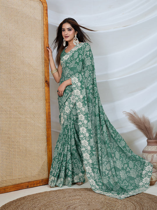 Poly Georgette Geometric Print Saree With Embroidery And Scaloping Work With Unstitched Blouse Piece