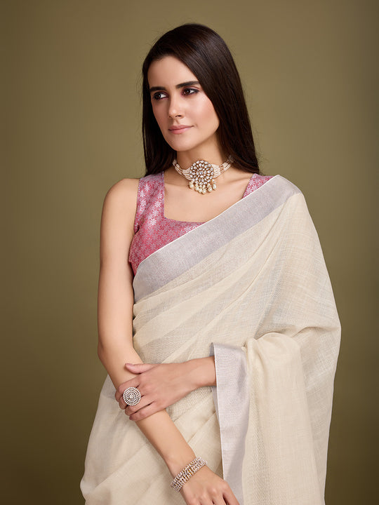 Beige Linen Blend Daily Wear Saree With Blouse Piece