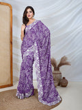 Poly Georgette Geometric Print Saree With Embroidery And Scaloping Work With Unstitched Blouse Piece